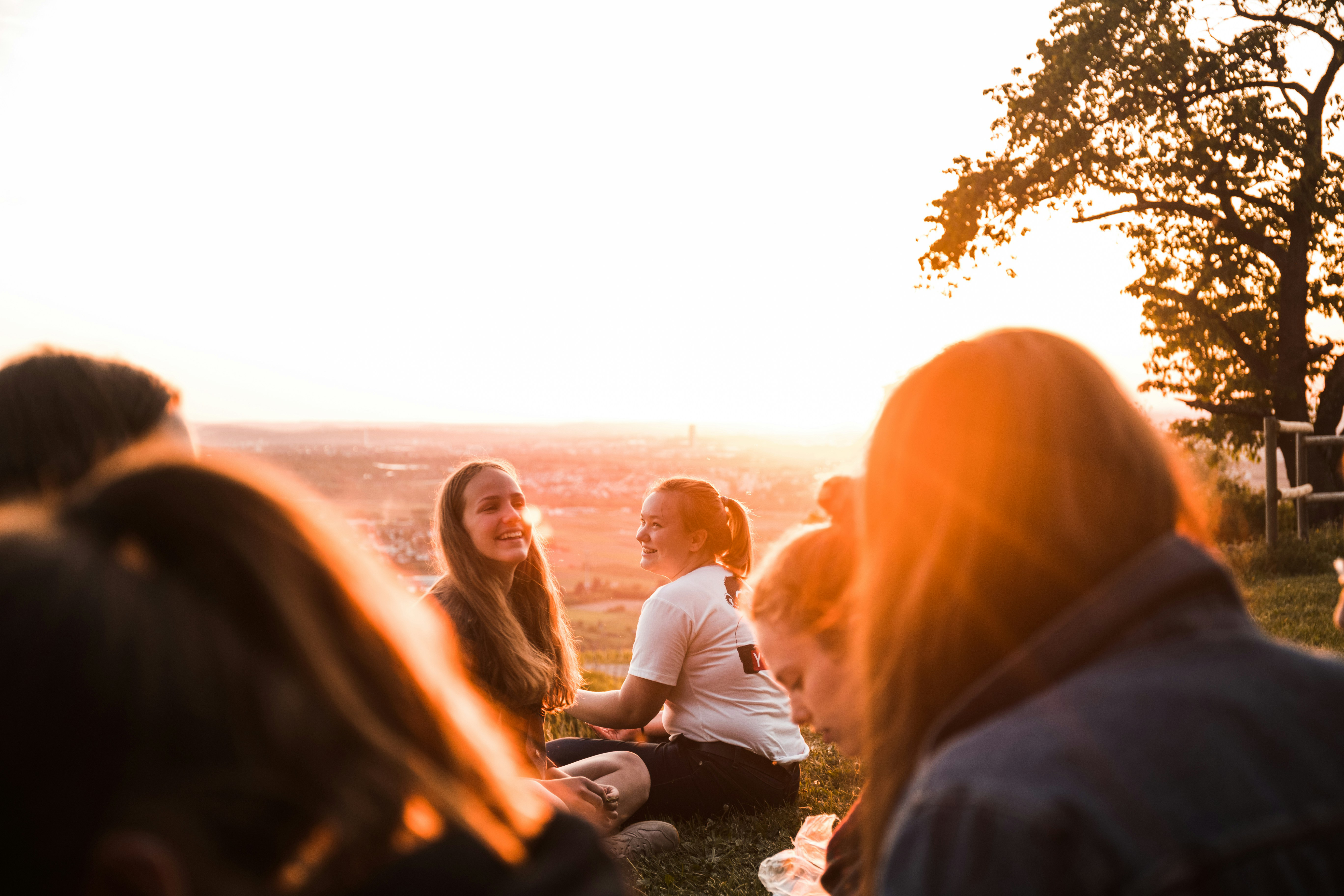 Jugendliche sitzen bei Sonnenuntergang im Gras und unterhalten sich